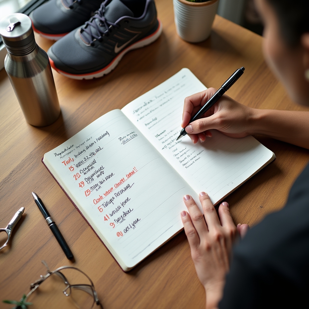 Person writing in a training journal on a desk with a water bottle and sports gear nearby