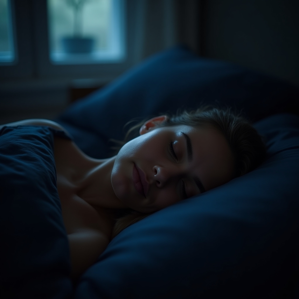 Person sleeping peacefully in a dark room, representing quality sleep for athletic recovery