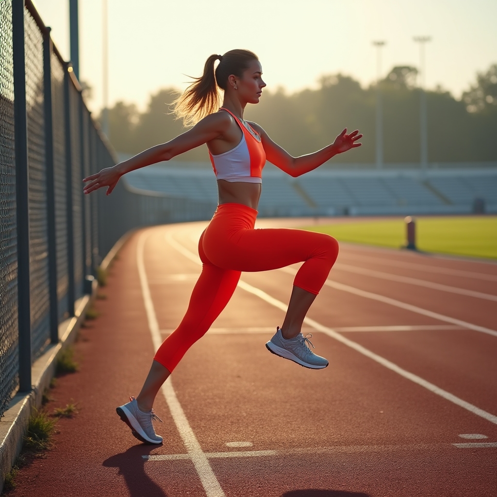 Athlete performing dynamic leg swings before a morning running session on a track