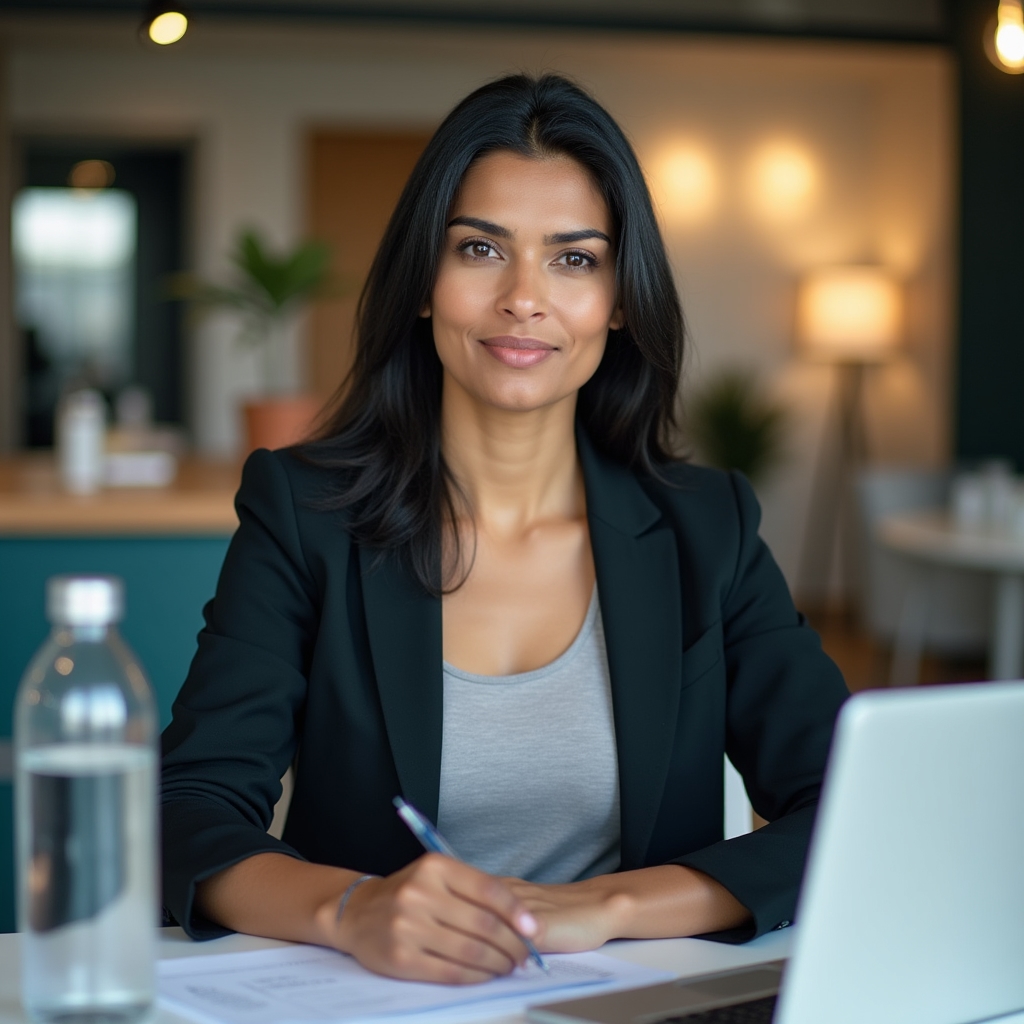 Female sports recovery specialist reviewing a training plan at a desk with a calm focused expression