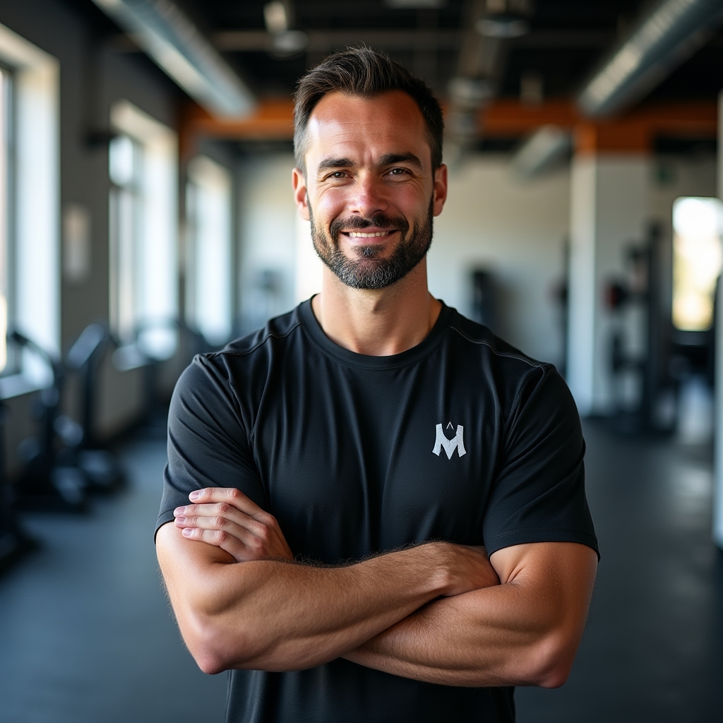 Sports conditioning educator in athletic wear standing in a gym environment, confident posture