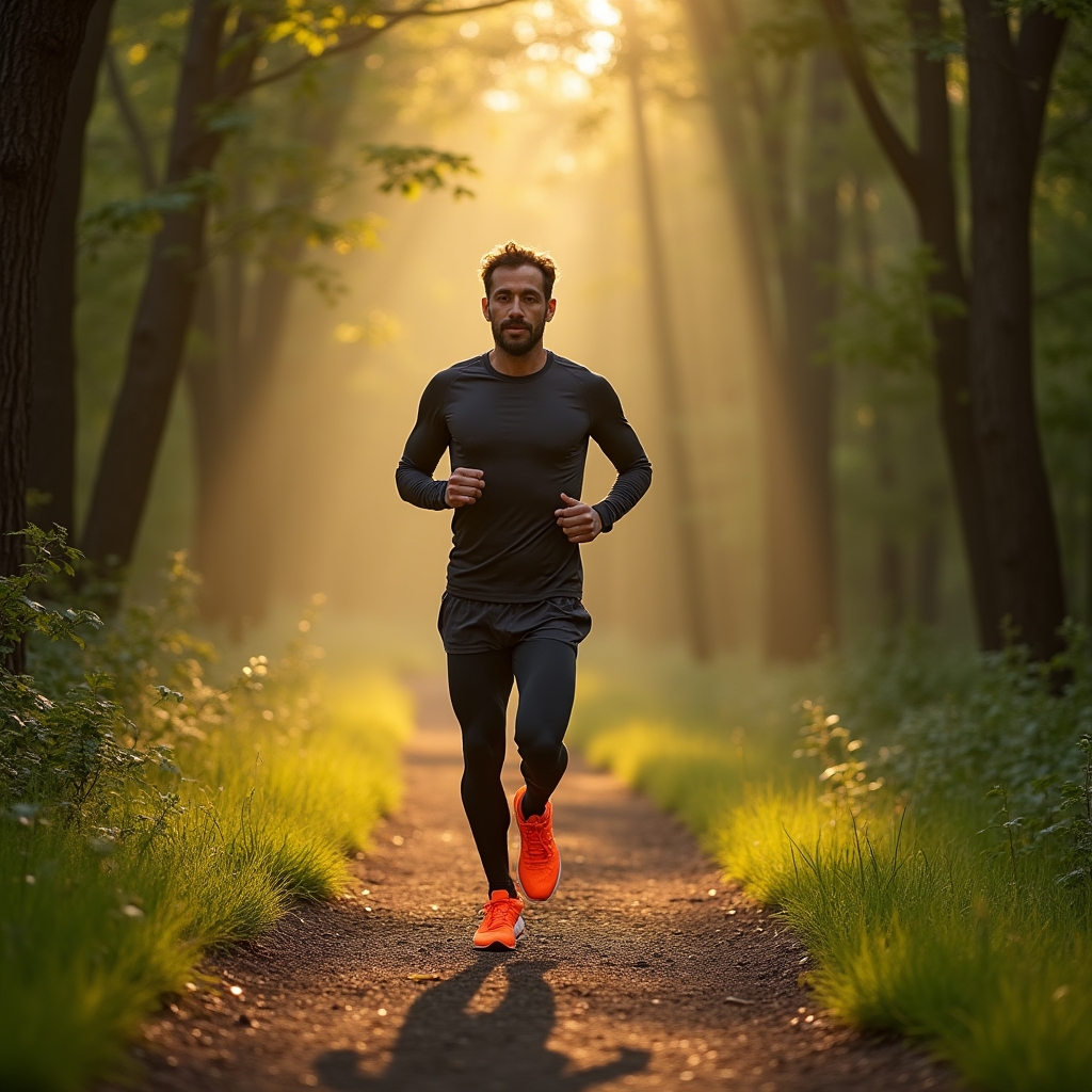 Recreational runner on a wooded trail at early morning with soft light filtering through trees
