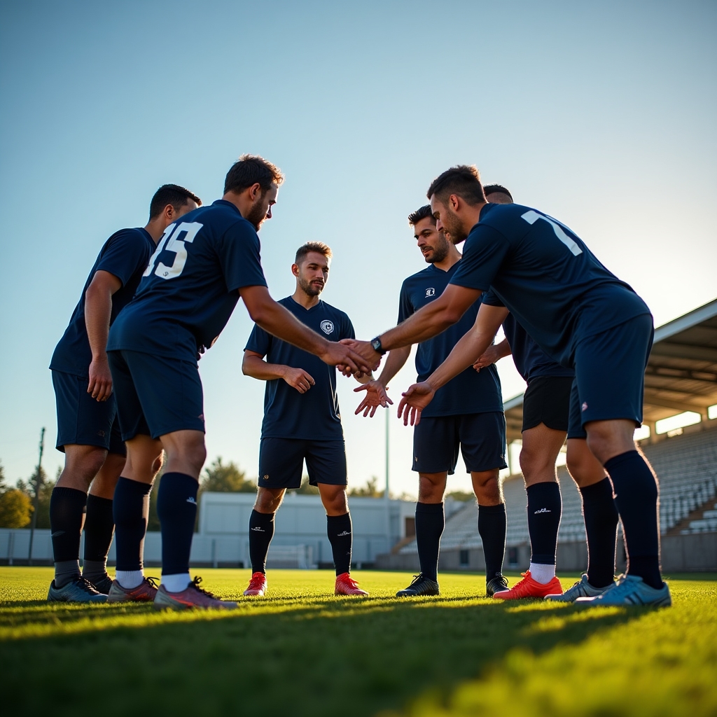 Recreational team sport players in a huddle before a match, wearing matching jerseys on a grass field