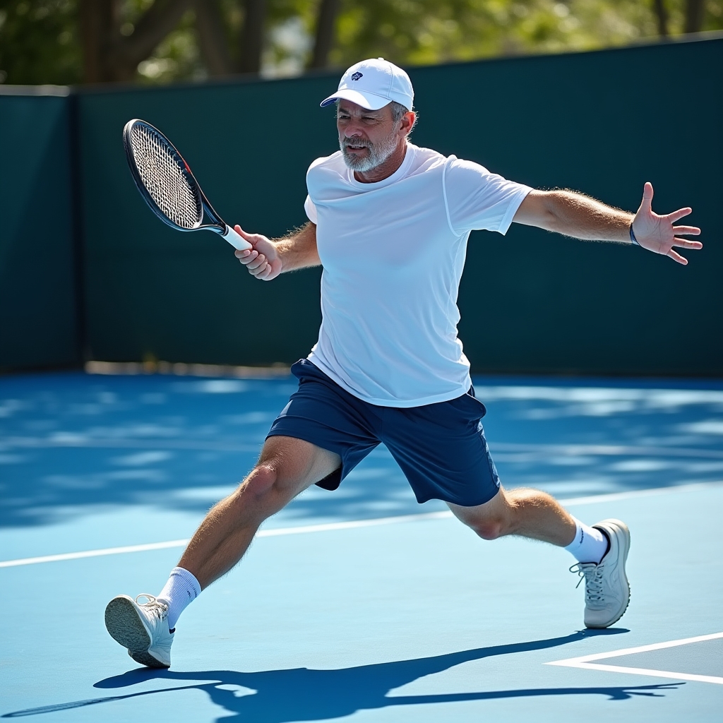 Recreational tennis player performing a dynamic warmup on an outdoor court